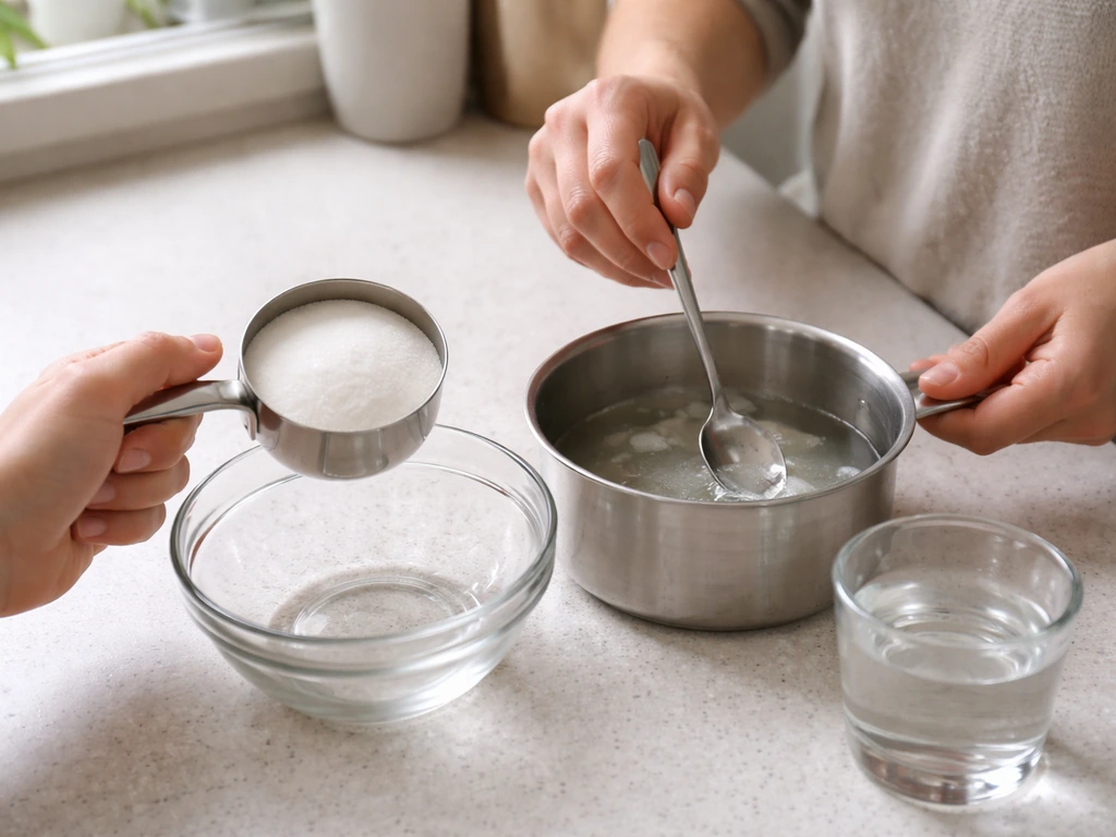 Close-up of a small pot with warm water, sugar measured in a cup, stirring to dissolve nectar for orioles