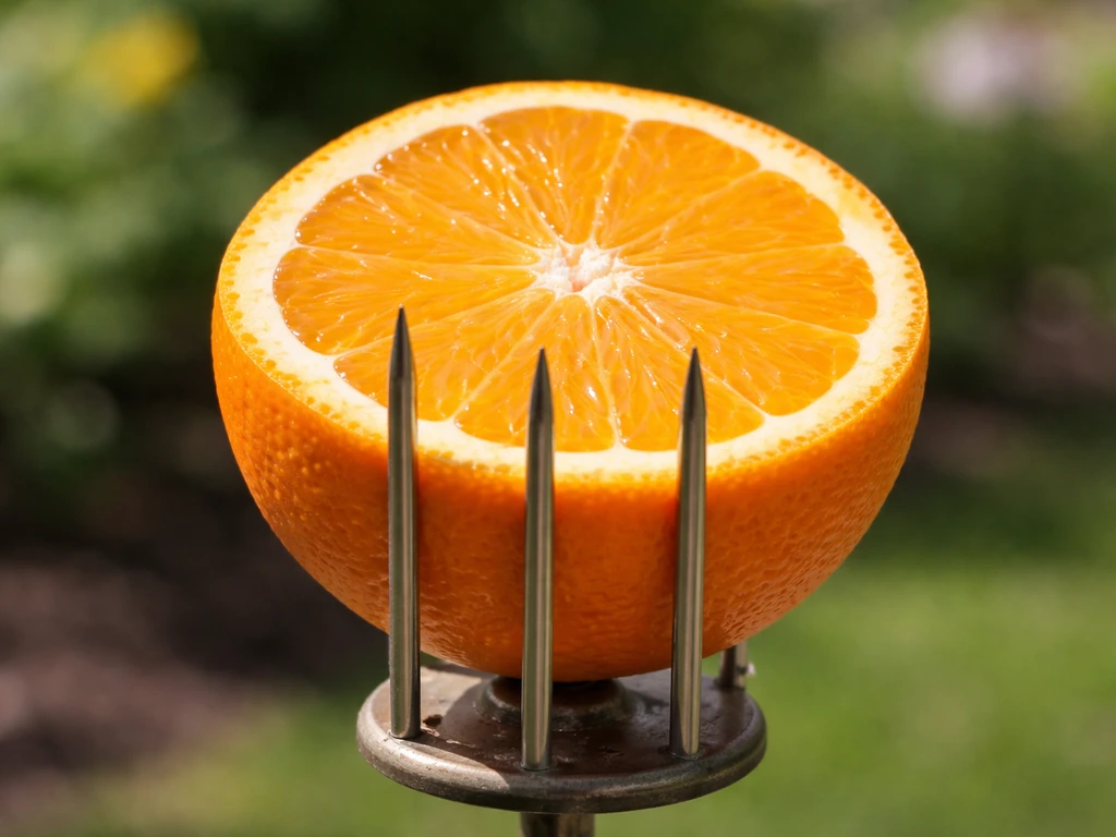 Halved navel orange mounted on an oriole feeder’s spikes, cut side facing outward.