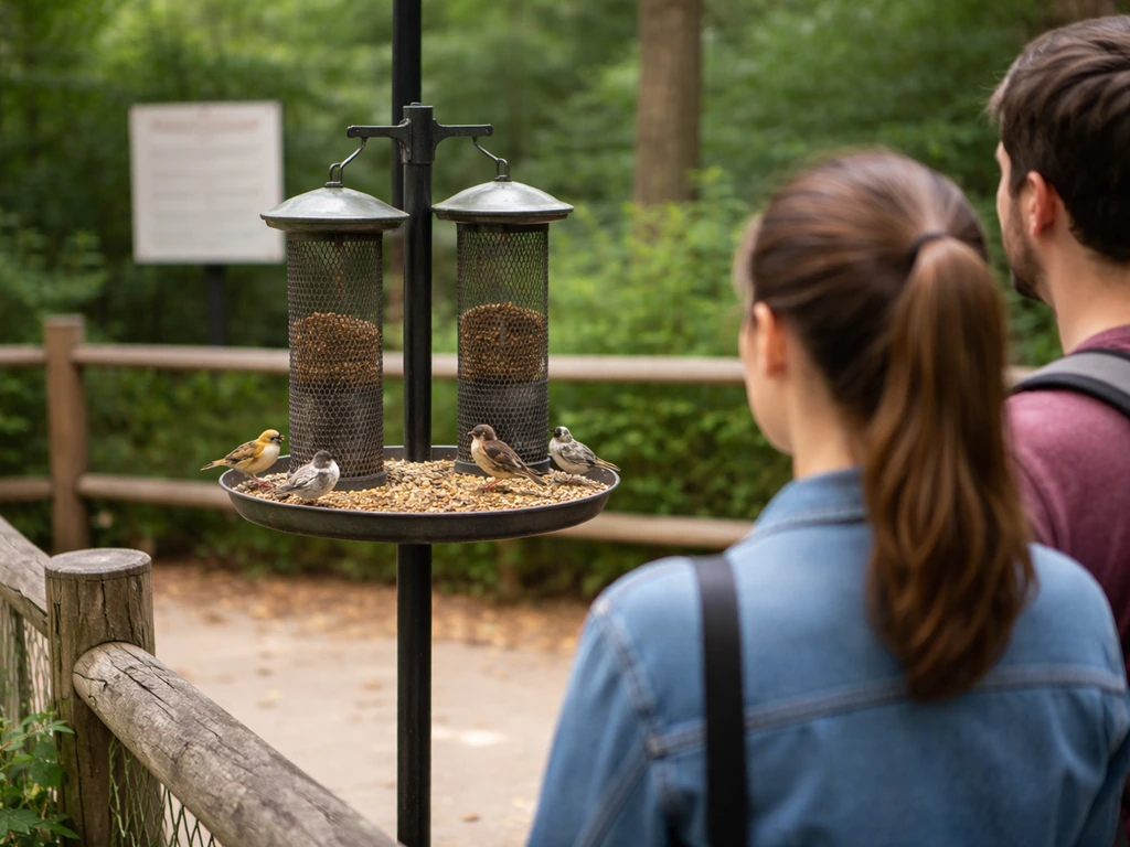 Visitors watch small birds feeding at a zoo feeder setup near a sign board