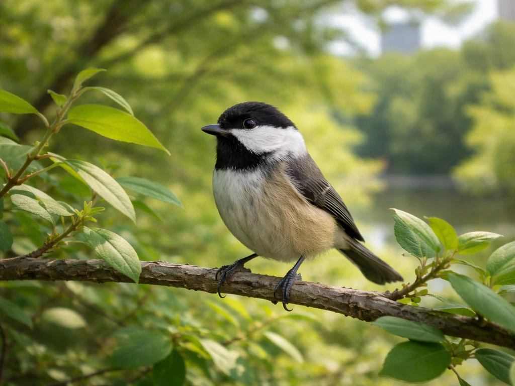 Close-up of a small songbird perched on leafy green vegetation in a quiet urban park near Fort Worth Zoo.