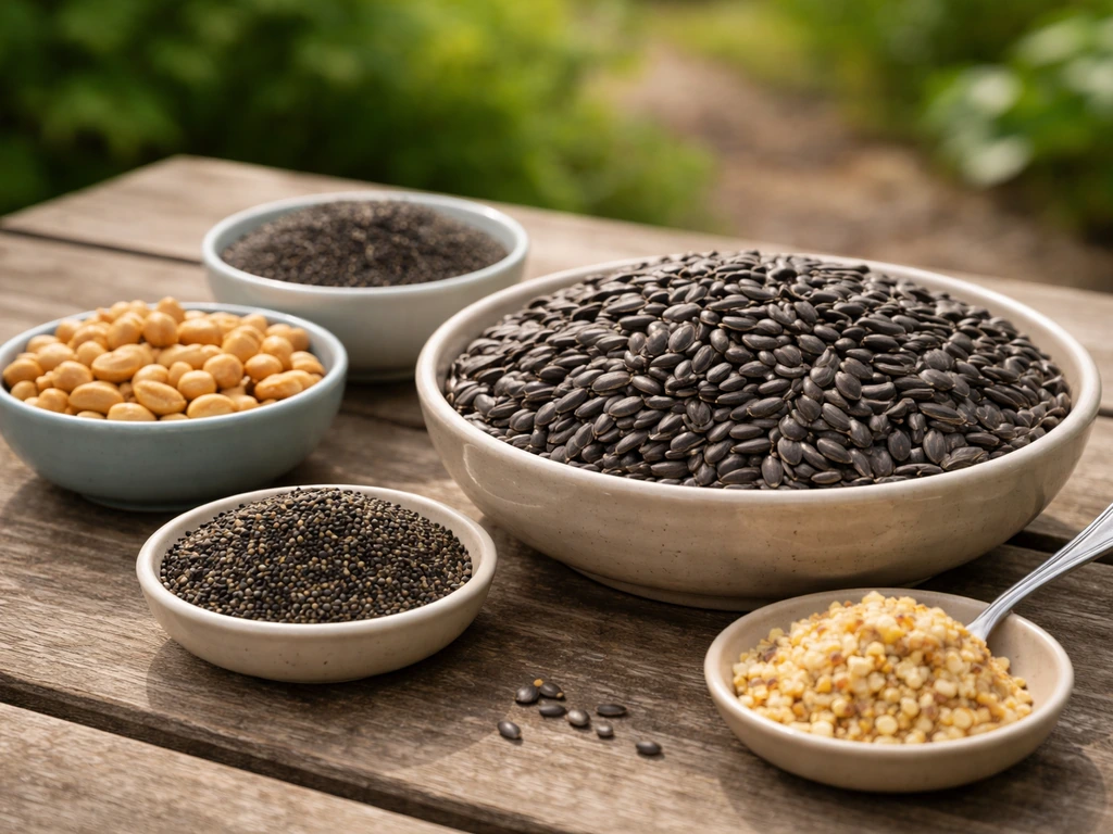 Black-oil sunflower seeds and other safe bird foods arranged in small bowls on a wooden table outdoors.