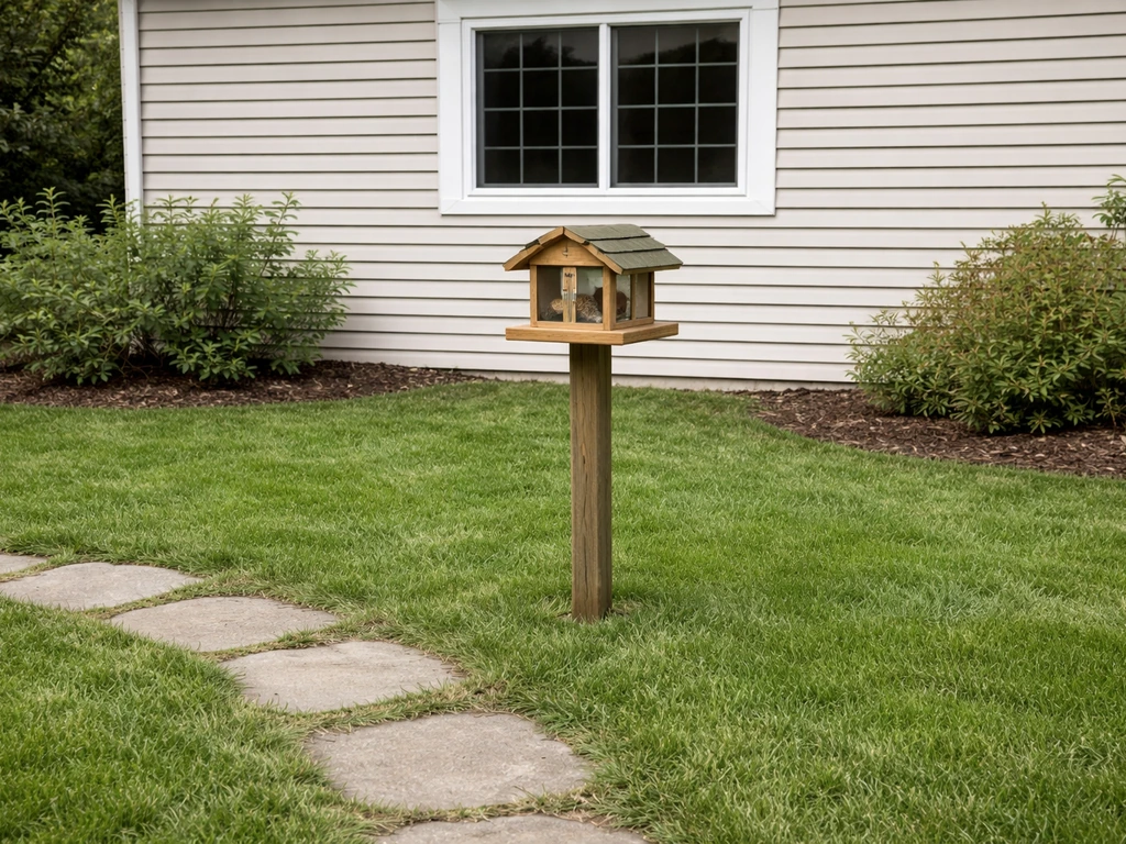 Bird feeder on a post near a house window, showing safe spacing and open predator-safe yard positioning.