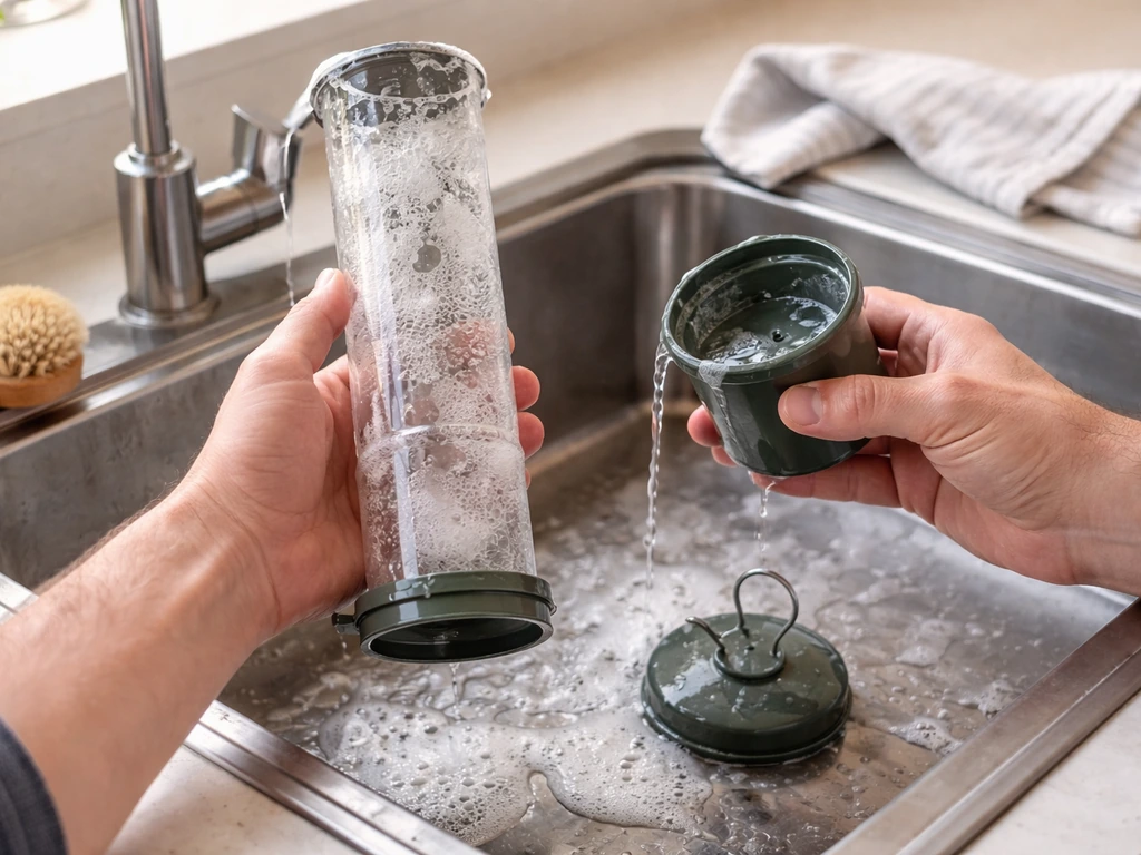 Person disassembling and scrubbing a cylindrical bird tube feeder over a sink, then rinsing parts.