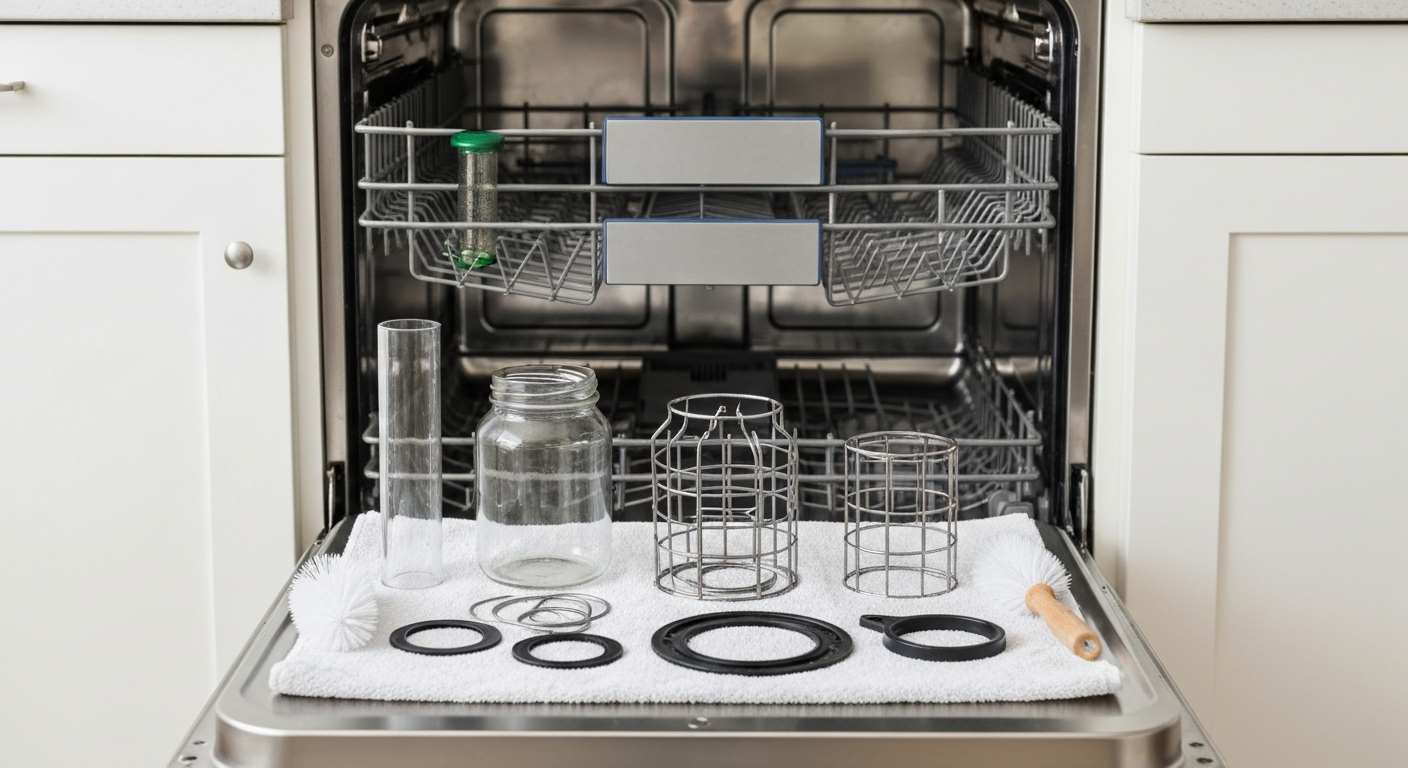 Disassembled bird feeder parts — hard plastic tube, glass nectar jar, stainless-steel cage, silicone gaskets — laid out on a towel next to an open dishwasher top rack, drying after cleaning.