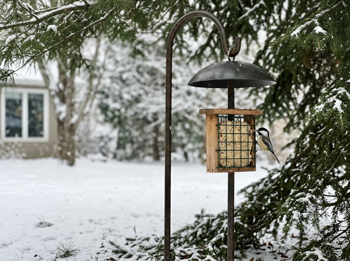 Suet bird feeder hung high with clear flight path and nearby winter shelter.