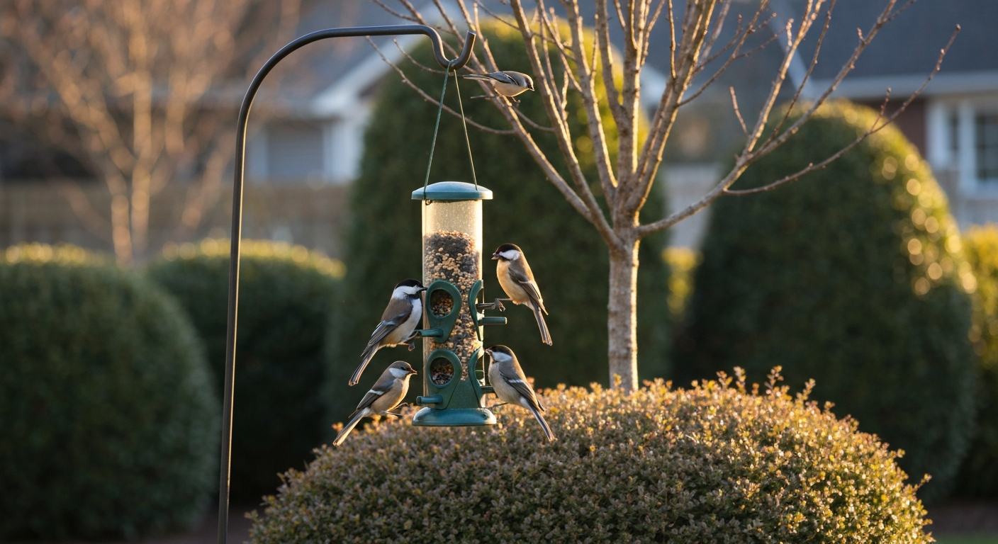 Early-morning backyard with a tube bird feeder and several songbirds feeding; shrubs and a small tree provide nearby cover.