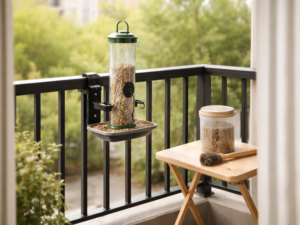 Balcony bird feeder safely mounted with a small seed tray and tidy cleaning setup in natural light.
