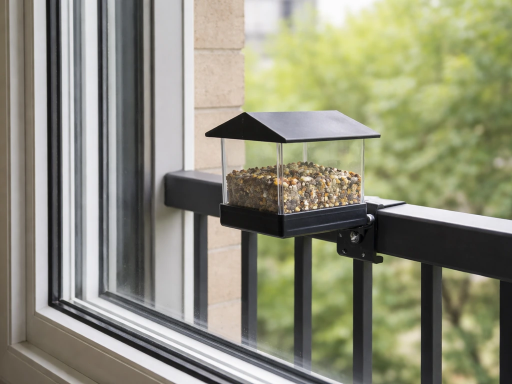 Bird feeder securely mounted on a balcony rail near a window with a clear gap.
