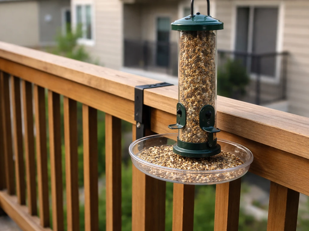 Outdoor balcony bird feeder with a seed-catcher tray collecting spilled seed near the railing edge.