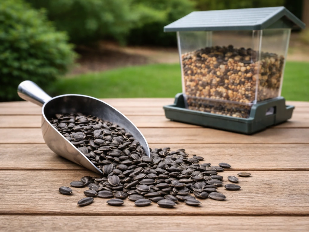 Black-oil sunflower seed in a scoop beside a simple outdoor bird feeder with mixed seed