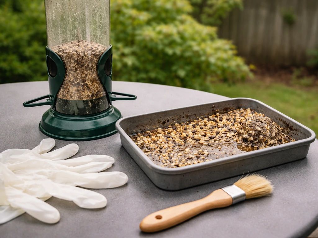 Backyard bird feeder cleaning with gloves, brush, and a seed tray showing dry vs wet clumped seed.