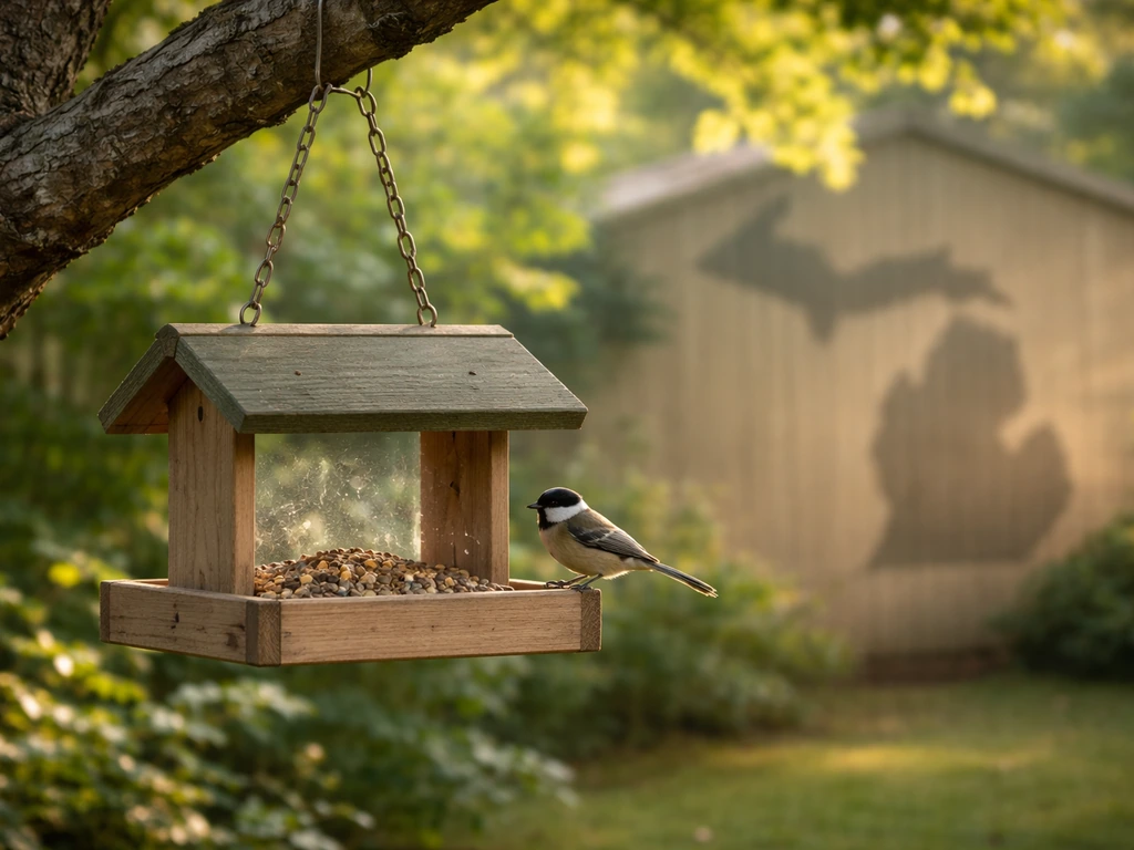 A songbird perched on a backyard bird feeder with a subtle Michigan silhouette in the background.