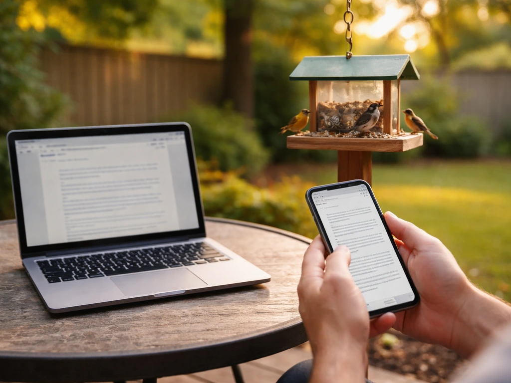 Hands checking a municipal code page on a phone next to a bird feeder in a quiet backyard.