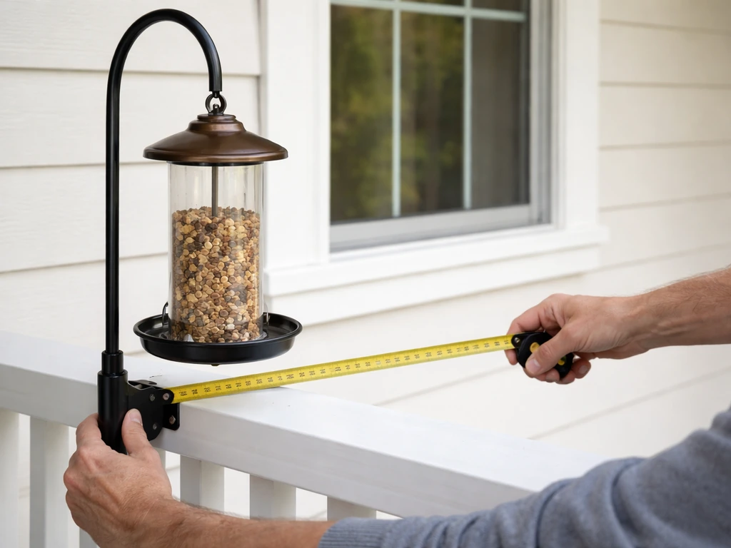 Hands measuring the correct distance between a mounted bird feeder and a porch window.