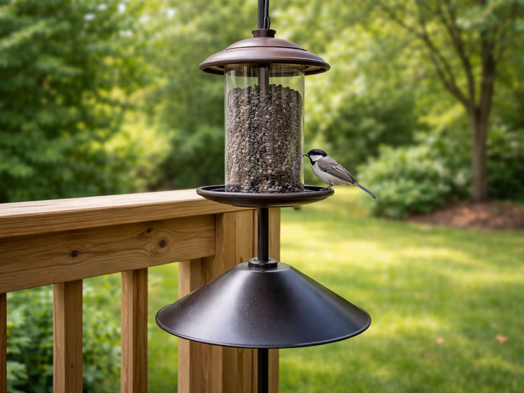 Bird feeder with black-oil sunflower seeds and a visible squirrel baffle blocking squirrels.