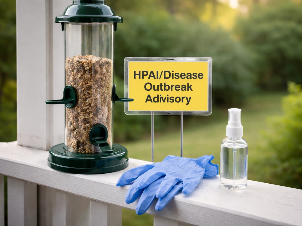 Clean bird feeder with outbreak advisory sign, gloves, and disinfectant nearby in soft morning light.
