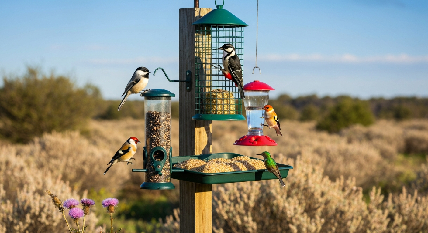 Backyard bird-feeding station with multiple feeders and several species visiting (chickadee, goldfinch, hummingbird, woodpecker).