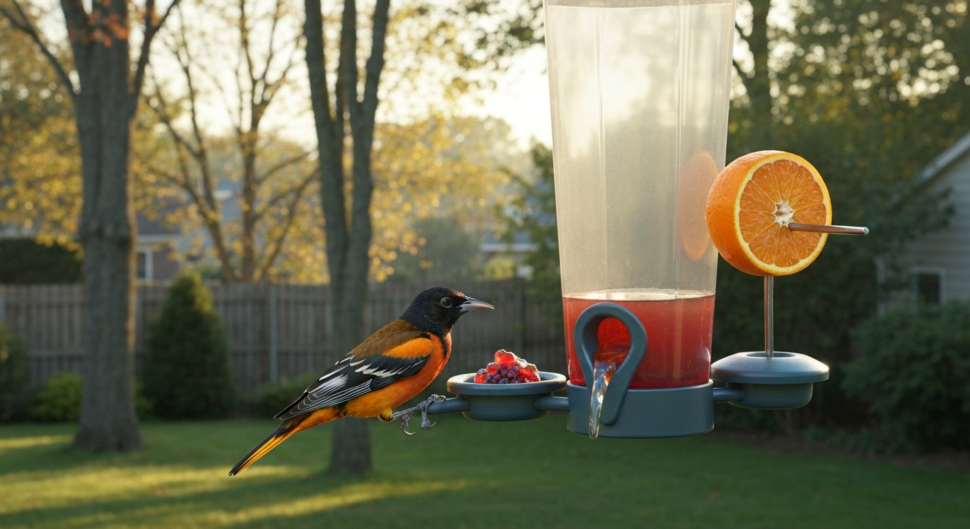 Male Baltimore Oriole feeding at a multi-function oriole feeder with nectar, grape jelly, and a halved orange in a sunlit backyard.
