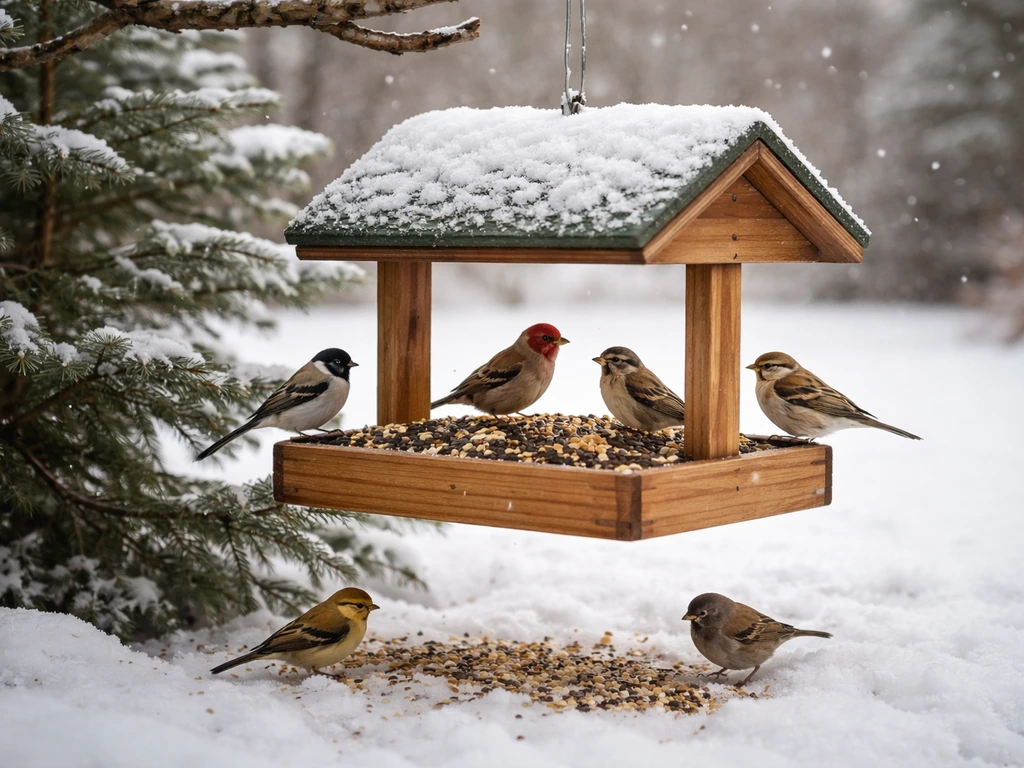 Snowy backyard with a bird feeder as several small birds perch and feed in winter