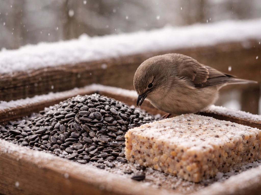 Close-up of sunflower seeds and a suet block with a small wild bird pecking at a winter feeder.