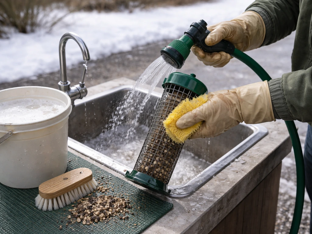 Anonymous gloved hands scrubbing and rinsing a bird feeder on a snowy winter day.