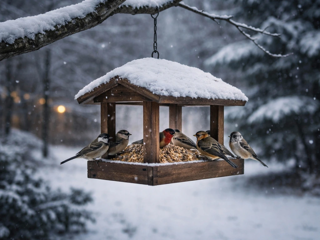 Snowfall in a backyard as a winter bird feeder attracts small birds to feed.