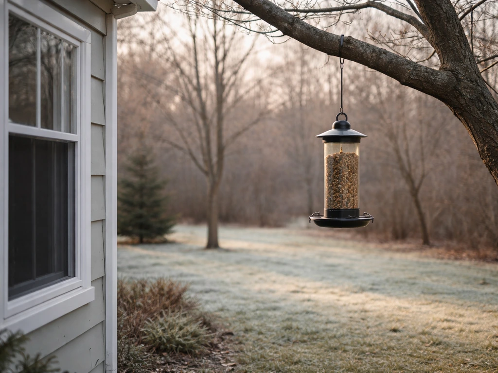 Bird feeder hanging from a branch with clear space from a nearby window in a backyard.