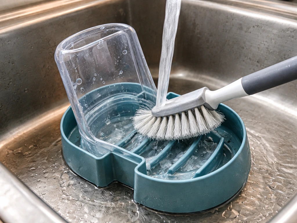 Close-up of a feeder being scrubbed with a brush under hot running water in a sink.