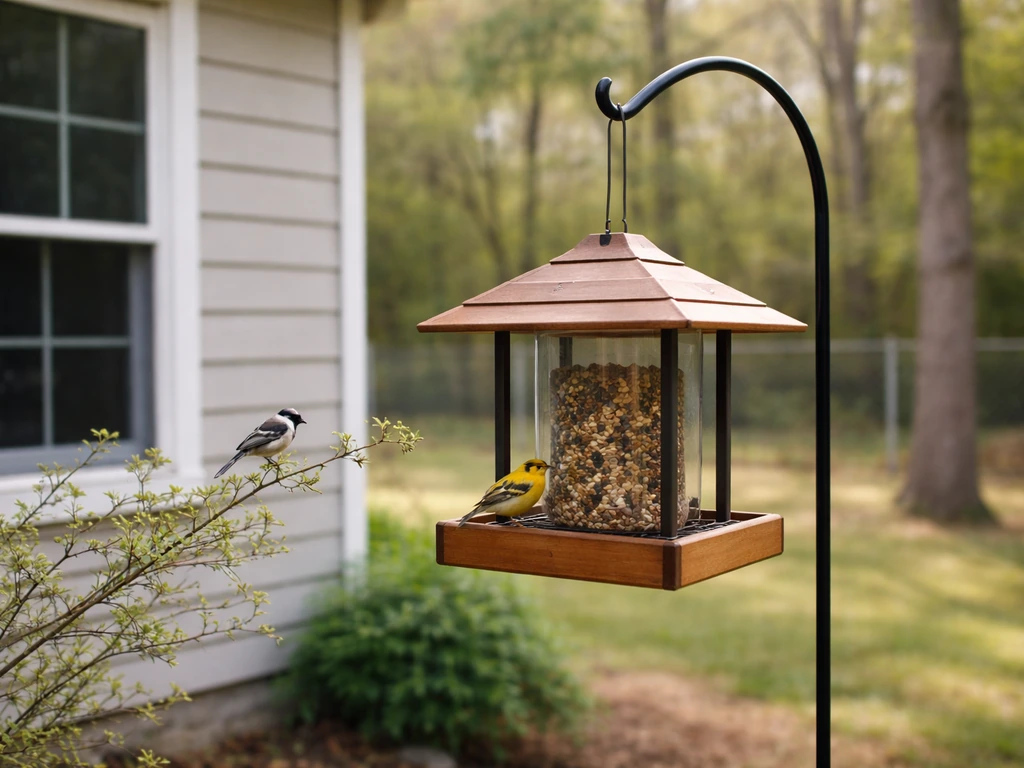 Clean bird feeder on a backyard pole with small birds perched, safely away from windows and predators.