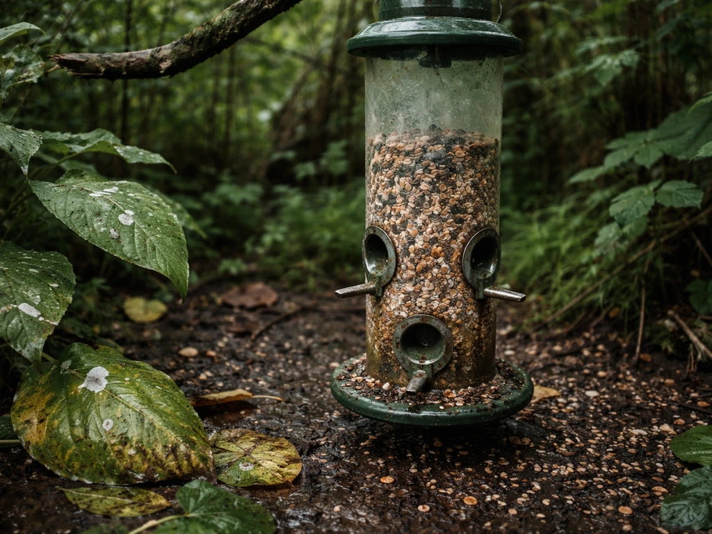 Backyard bird feeder with seed buildup, bird droppings, and damp vegetation suggesting mold risk.