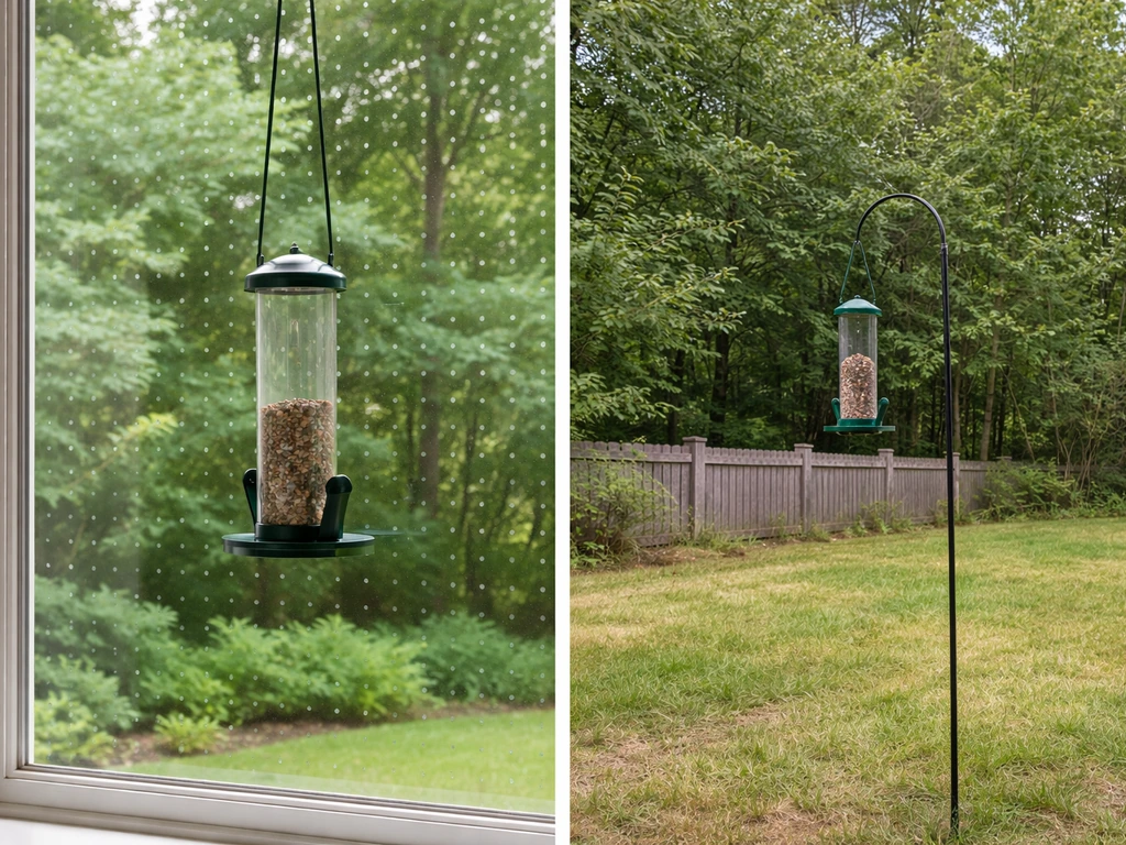 Two bird-feeder setups: one near a marked window and one far from the window.