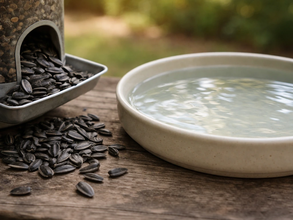 Close-up of black oil sunflower seeds beside a clean bird water dish with clear fresh water.