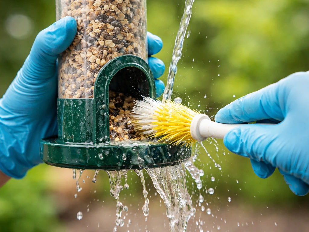 Gloved hands scrub and rinse a bird feeder outdoors, removing visible mold and droppings residue.