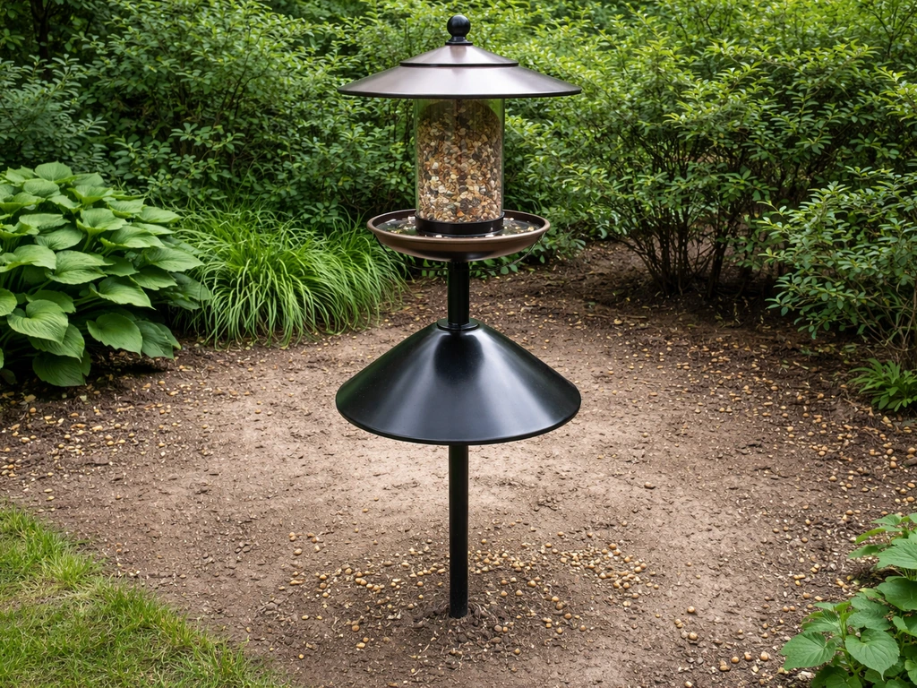 Close view of a squirrel-resistant bird feeder with a clean ground area under it.