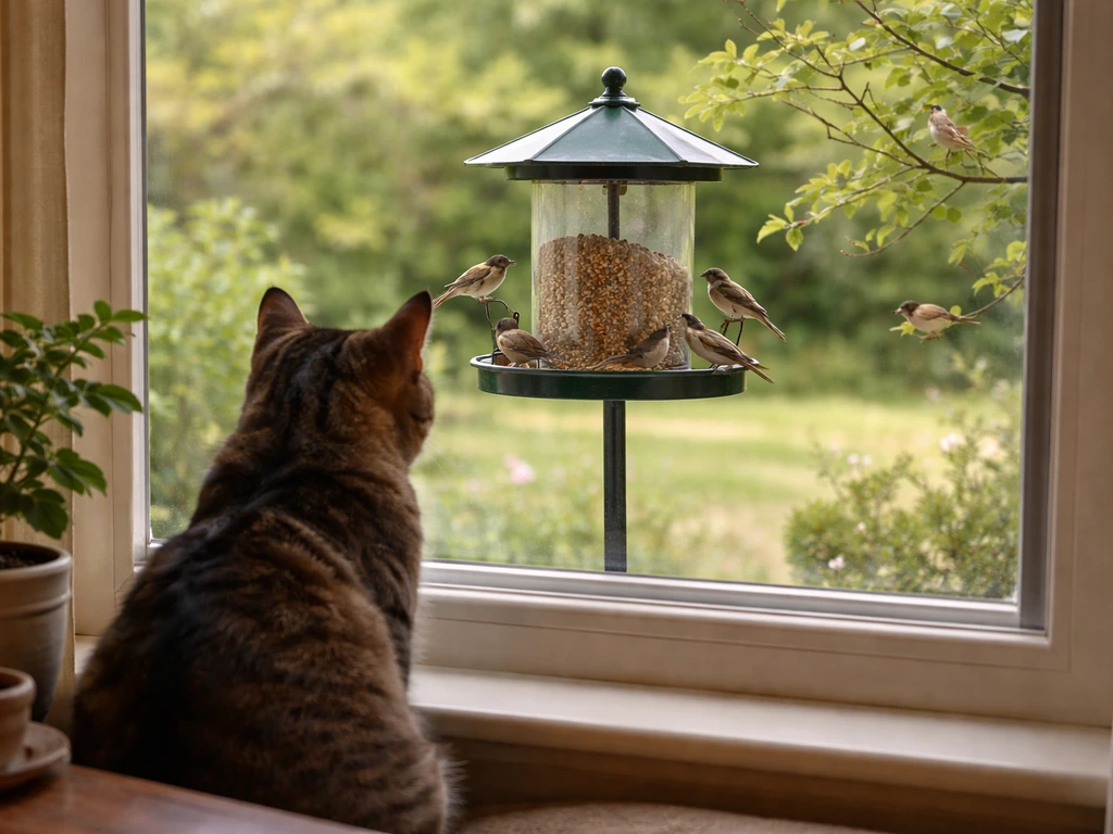 Cat watching from inside as a bird feeder outside attracts small birds in a calm yard.