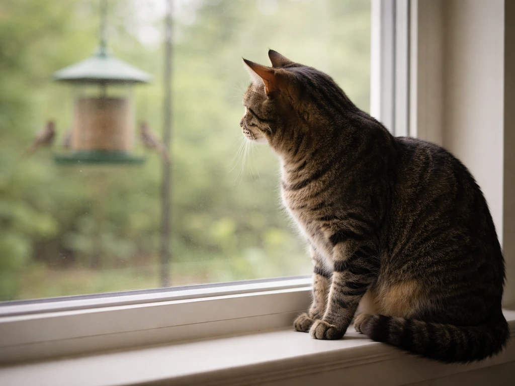 A tabby cat poised by a window, watching birds at a backyard feeder outside.
