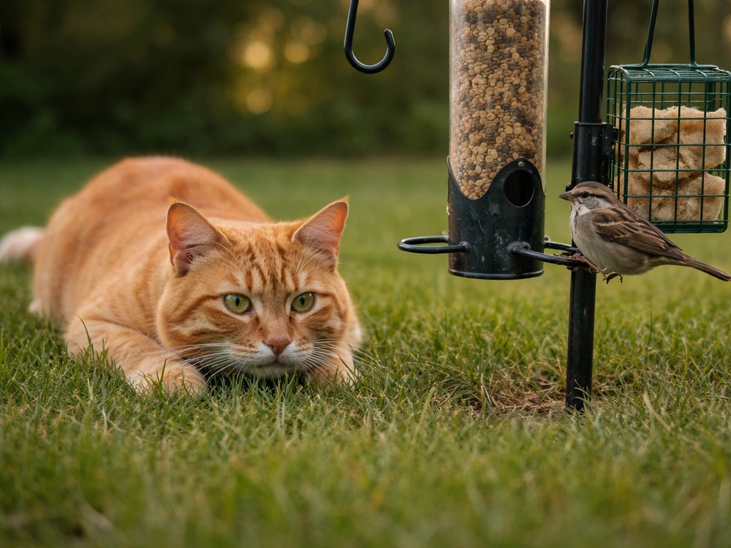 Orange tabby cat crouches near a backyard bird feeder with a small bird nearby, illustrating hunting risk.