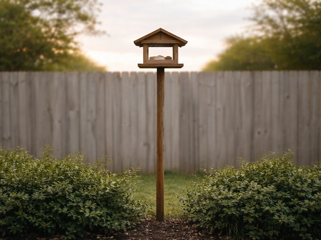 High bird feeder mounted on a pole, with a clear safe gap from nearby low shrubs and cat access routes.