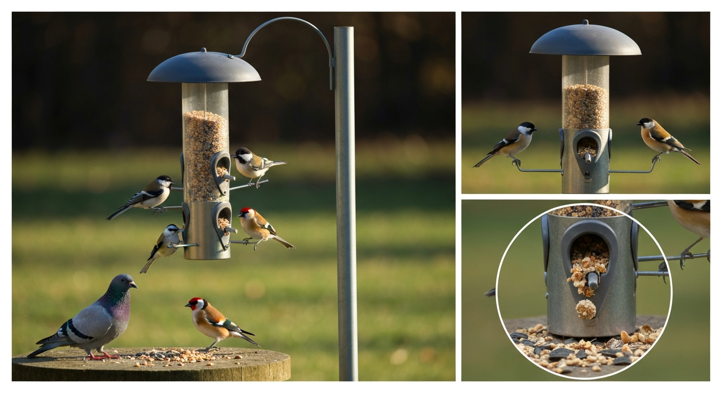 Backyard tube bird feeder on a pole with spilled seed on the ground, a pigeon perched nearby, and a close-up of a clogged feeding port.