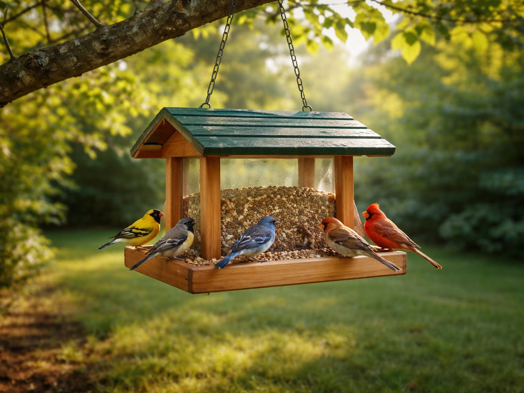 Songbirds feeding at a hanging wooden bird feeder in a calm backyard garden