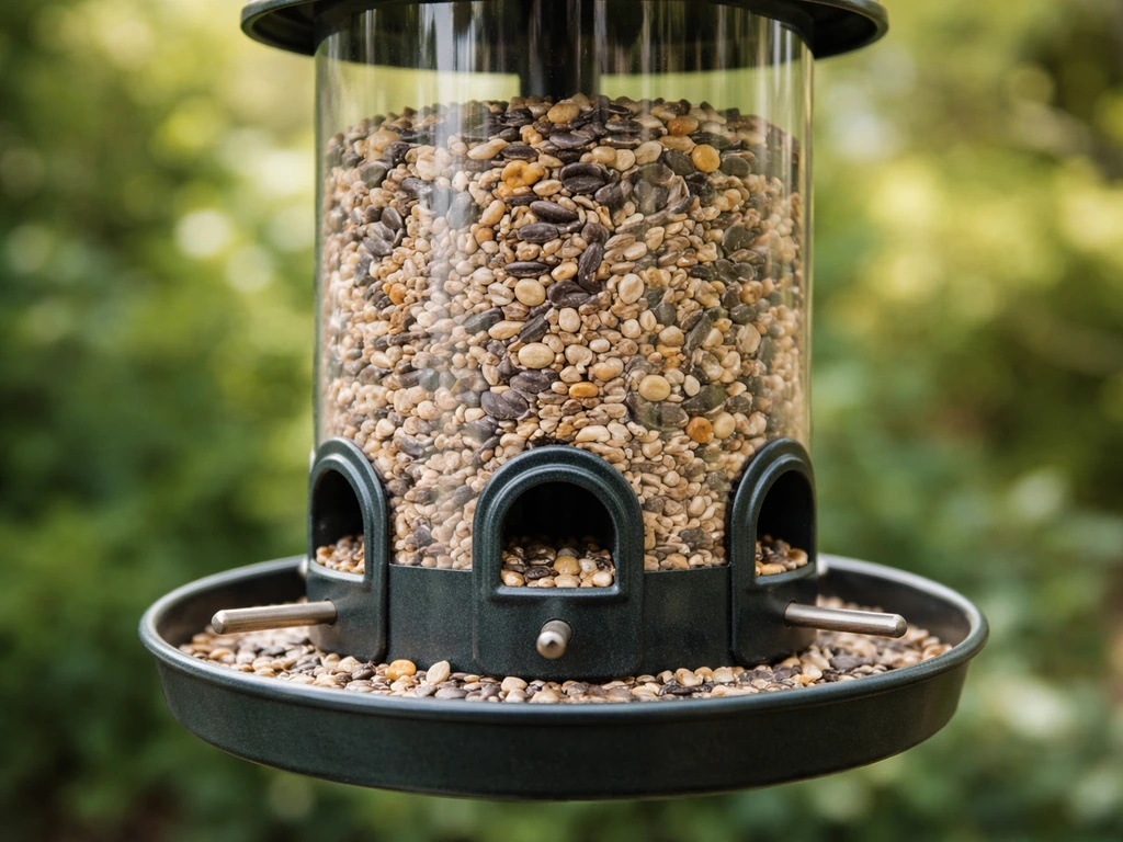 Close-up of a bird feeder filled with seeds, showing the tray and small feeding ports.