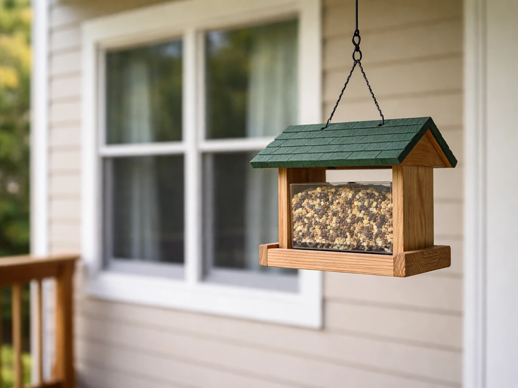 Bird feeder on a porch, positioned well away from a nearby window with a clear safe sightline.