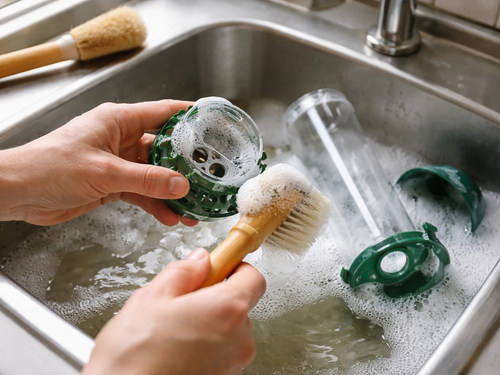 Hands scrubbing a disassembled bird feeder over soapy water for a clean, hygienic setup.