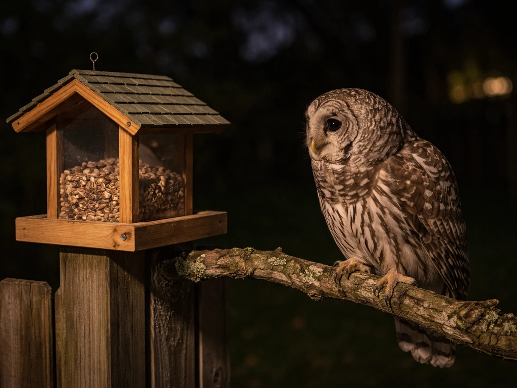 Wild owl perched beside a backyard bird feeder at night under soft porch light