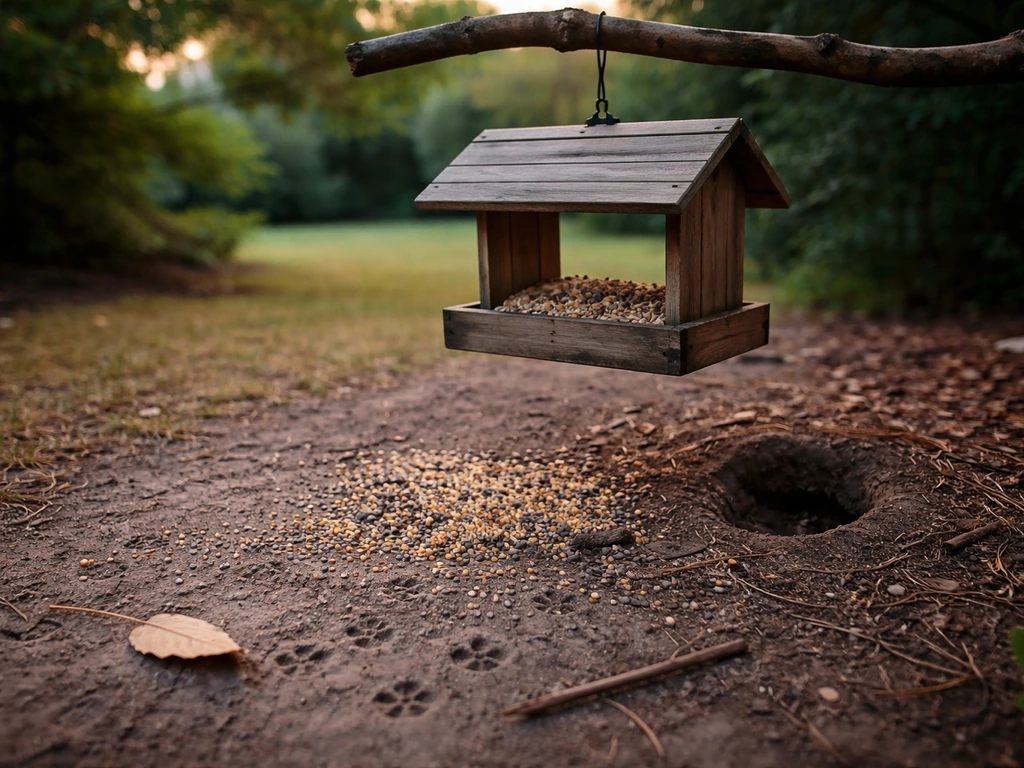 Spilled bird seed on the ground near a garden feeder with subtle rodent activity cues at dusk
