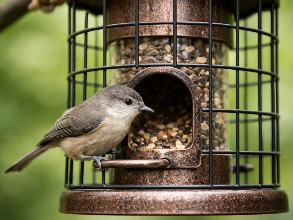 Close-up of a tube bird feeder with a protective caged-wire guard letting small birds feed