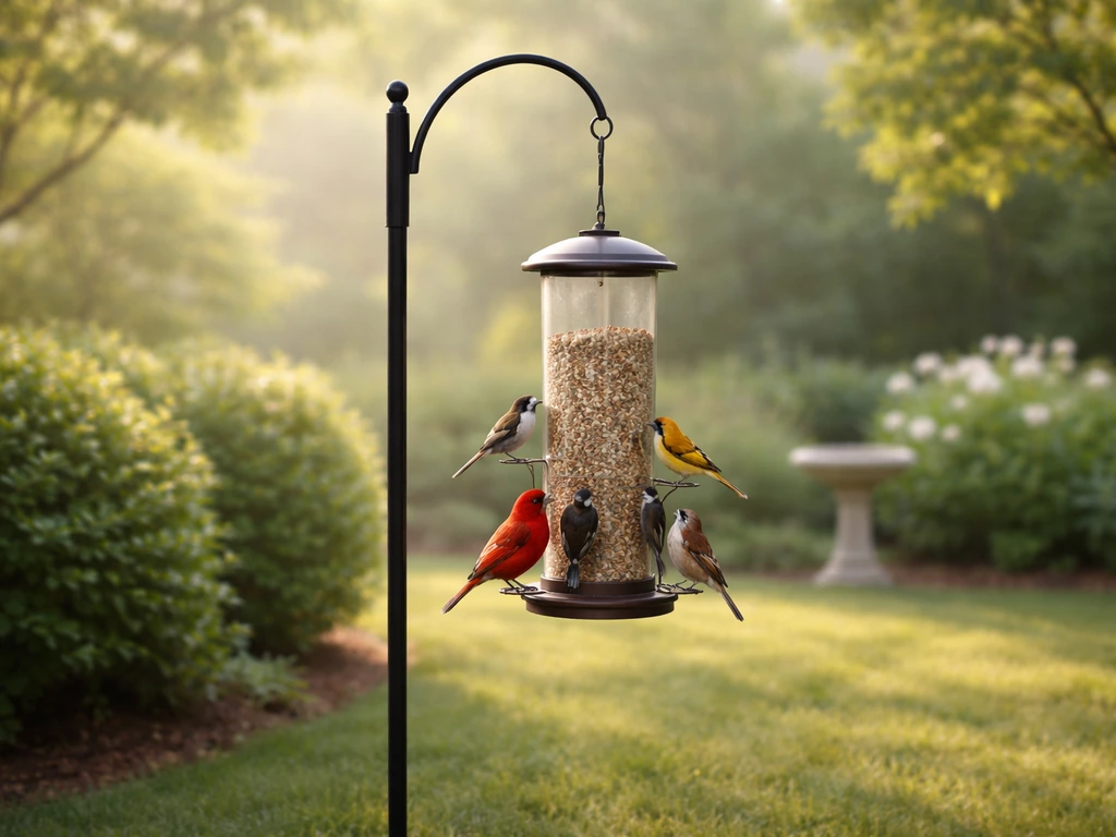 Small songbirds perched on a pole-mounted backyard bird feeder with a clean, safe yard setup.