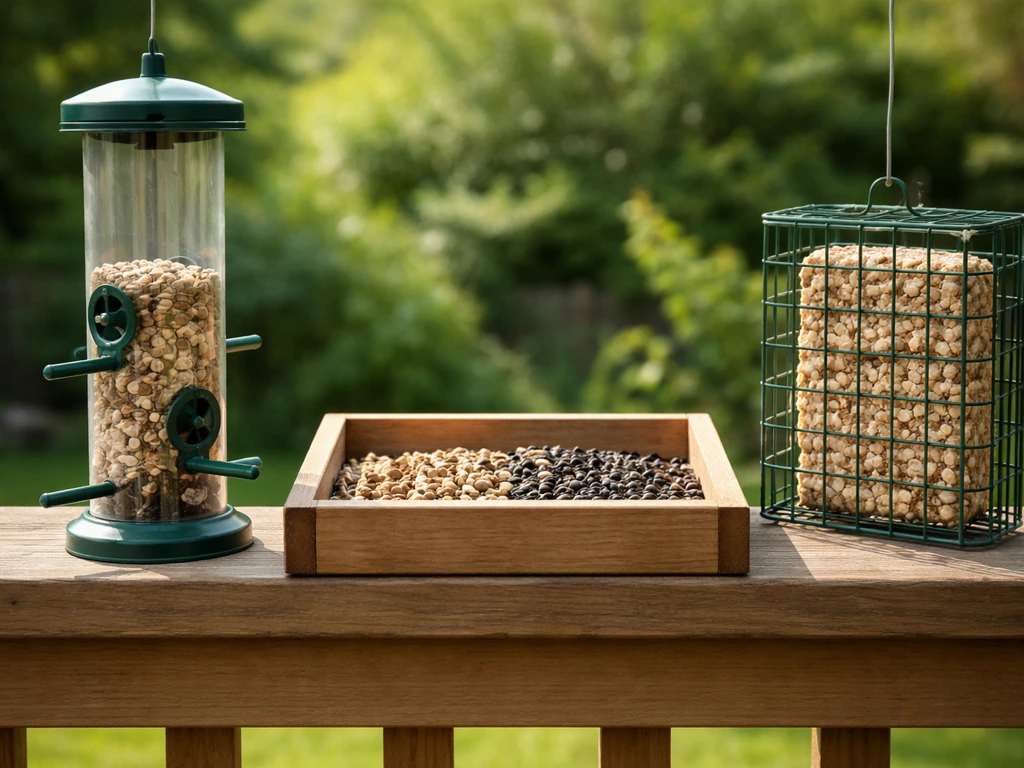 Close-up of three backyard bird feeders—tube, platform, and suet—on a wooden railing in natural light.