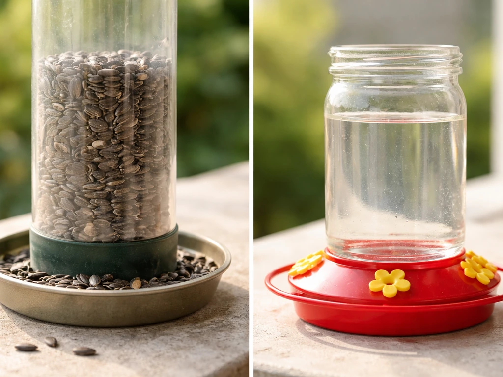 Black-oil sunflower seeds in a feeder and a simple homemade sugar nectar setup for hummingbirds