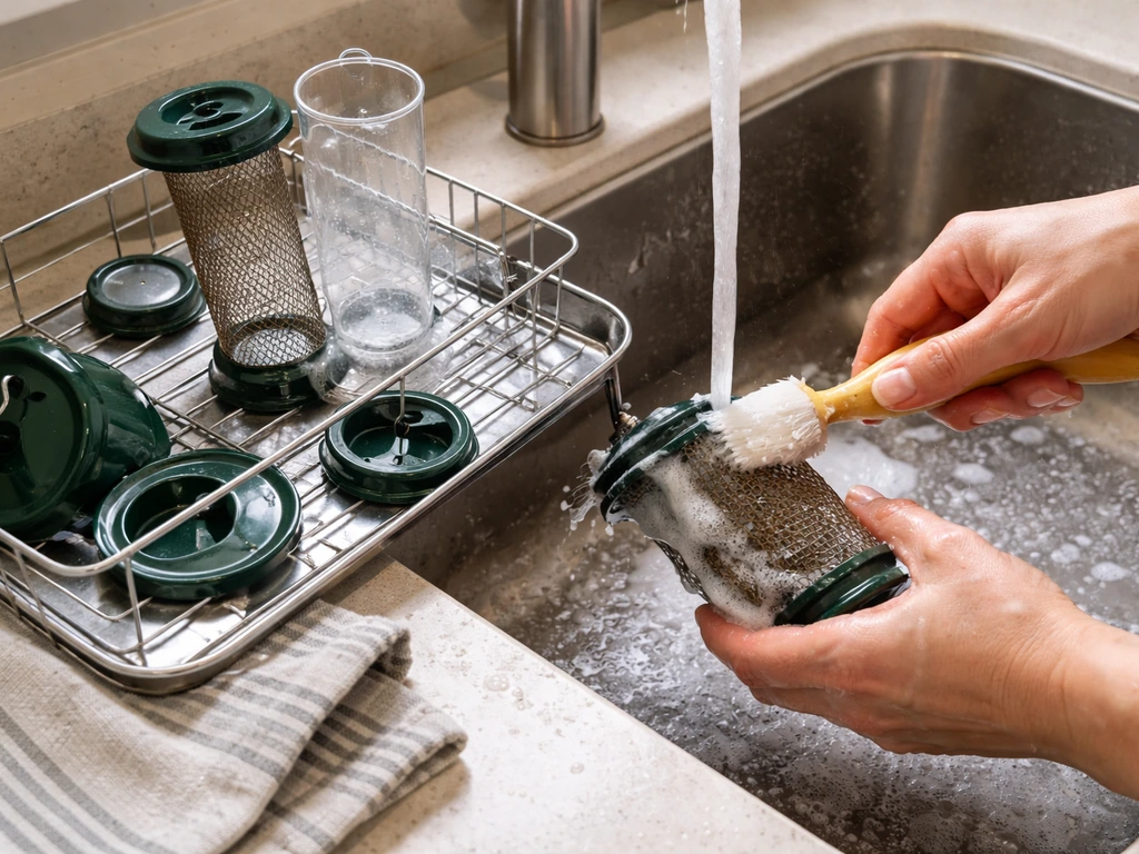 Hands scrubbing separated bird feeder parts with hot soapy water, with pieces drying on a rack.